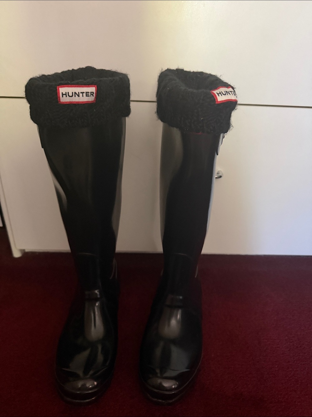 Hunter Black Gloss Tall Rain Boots with Knit Cuffs